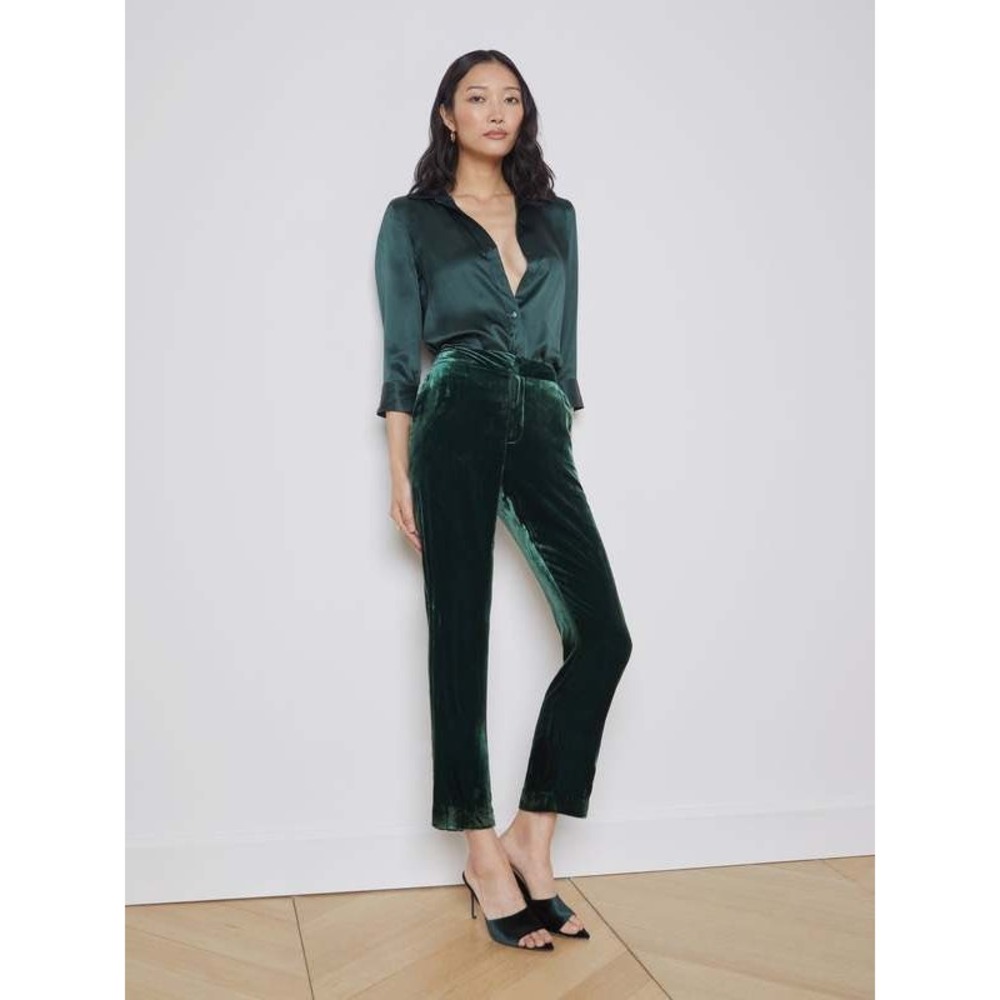 Women's Emerald Green Velvet High-Rise Pants